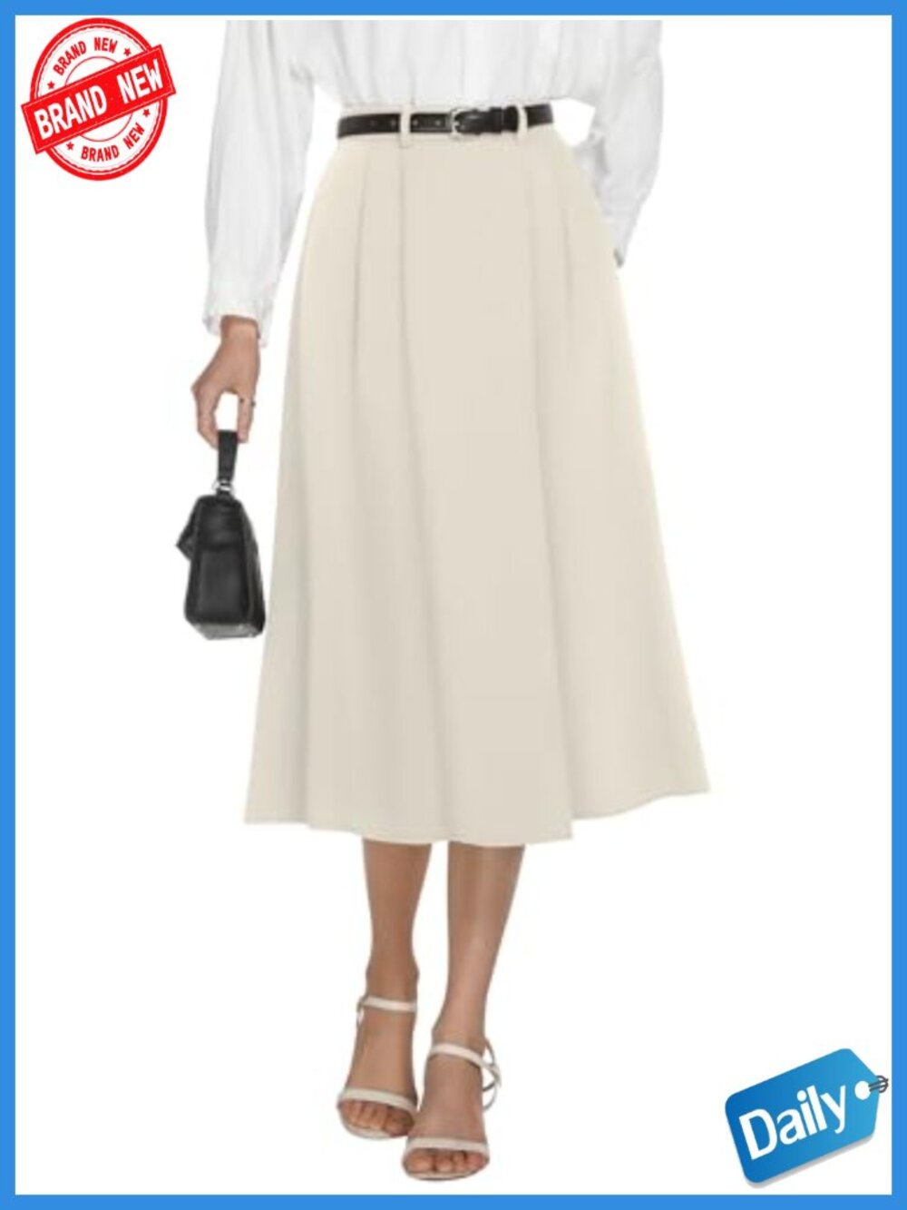 A-Line Midi Skirt with Pockets High Waisted Pleated Business Work Skirt